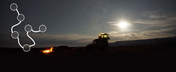 Camping in the desert with rooftop tent, fire and navigation route