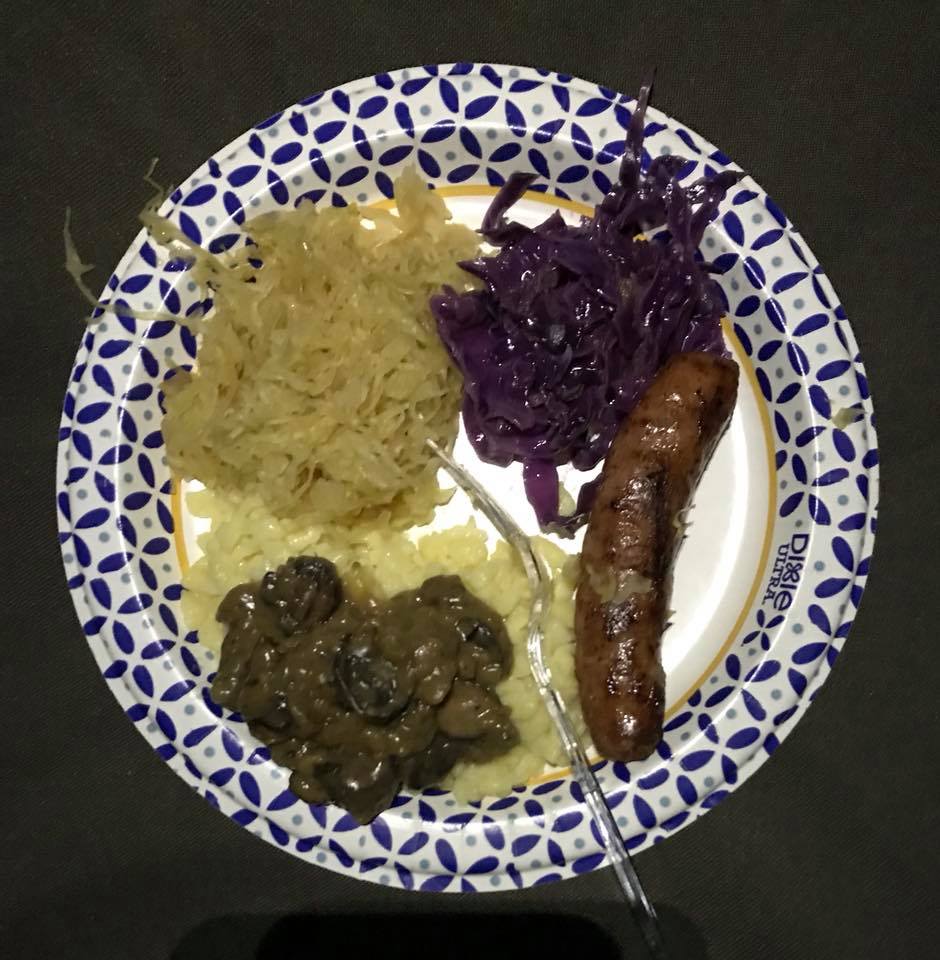 Our German cuisine. Clockwise from bottom. Spaetzle with Jaeger Sauce, Saurerkraut, Rotkohl and Sausage.